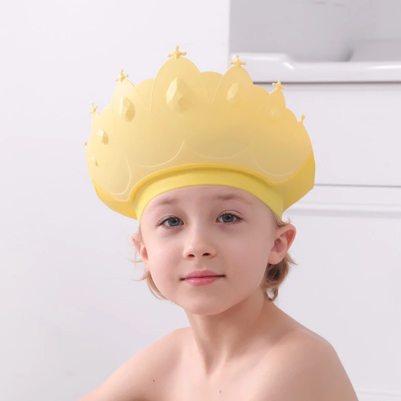 Gorro de champú de tamaño ajustable para niños, gorro de ducha de bebé con corona, visera de baño de dibujos animados, protector de pelo infantil, protección para los oídos, impermeable