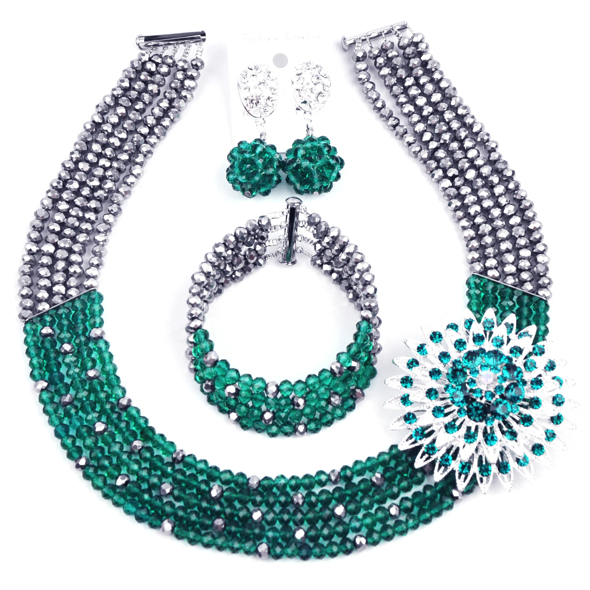 

Fashion African Necklace Teal Green and Silver Nigerian Beads Jewelry Set Crystal