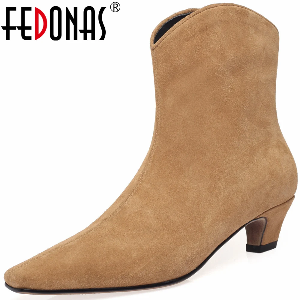 

FEDONAS Concise Women Cow Suede Leather Short Boots Thick Heels Basic Office Lady Shoes Woman Autumn Winter New Arrival Mature