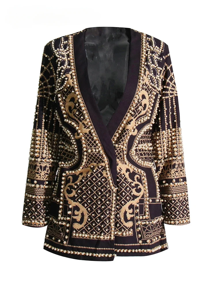 

2024 New High Street Blazer for Women V Neck Long Sleeve Embroidered Flares Colorblock Blazers Female Clothing Fashion Style