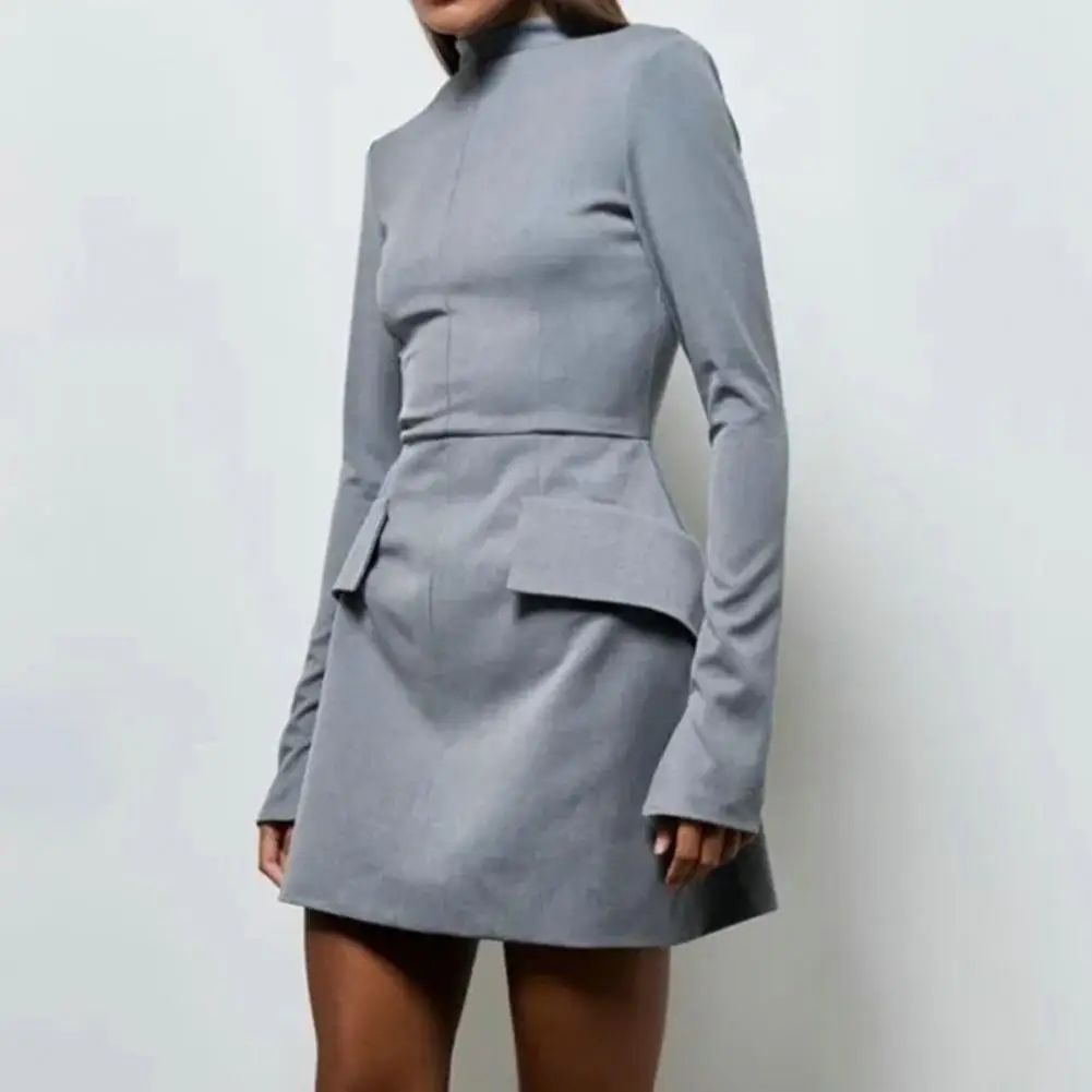 

Elegant Half Turtle Neck Dress Elegant Solid Color Mini Dress with Flap Pockets Elastic Waist Slim Fit Long for Women