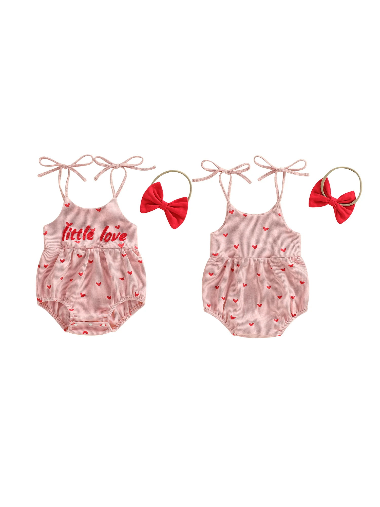 Toddler Girl Heart Print Sleeveless Romper with Letter Embroidery and Tie-up Straps Matching Bow Headband Set for Valentine s