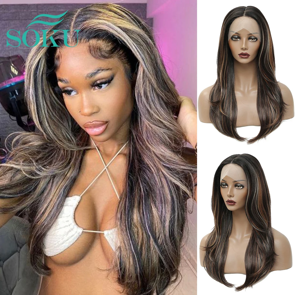 

Highlight Lace Front Wig Natural Wavy Synthetic Hair Medium Length Wigs Middle Part Natural Hair Lace Wig For Black Women SOKU