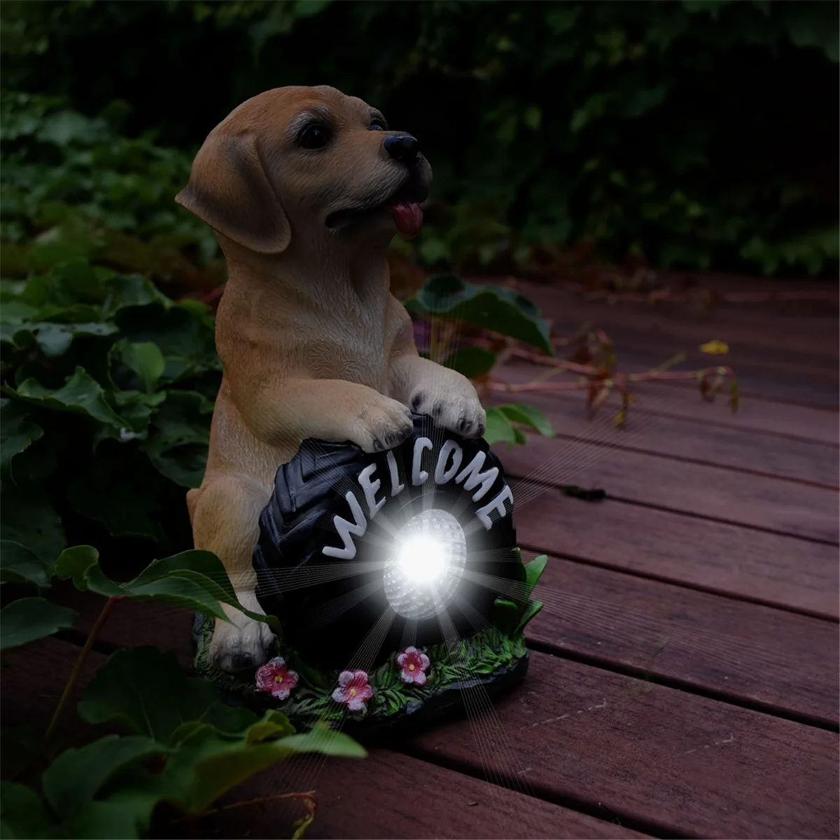 Solar Garden Dog Statue Welcome Sign with LED Lights Resin Solar Powered Puppy Figurine Decorative Sculpture for Patio