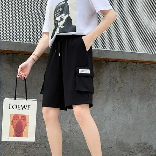 Fashion Printed Letter Spliced Pockets Cargo Casual Shorts Female Clothing 2024 Summer Loose All-match Elastic High Waist Shorts