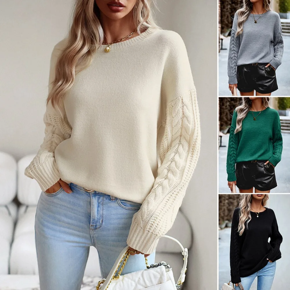 

2023 Fall Winter Women'S Pullover Sweater Casual Long Sleeve Solid Color Cable Crewneck Loose Chunky Knit Sweater Jumper Tops