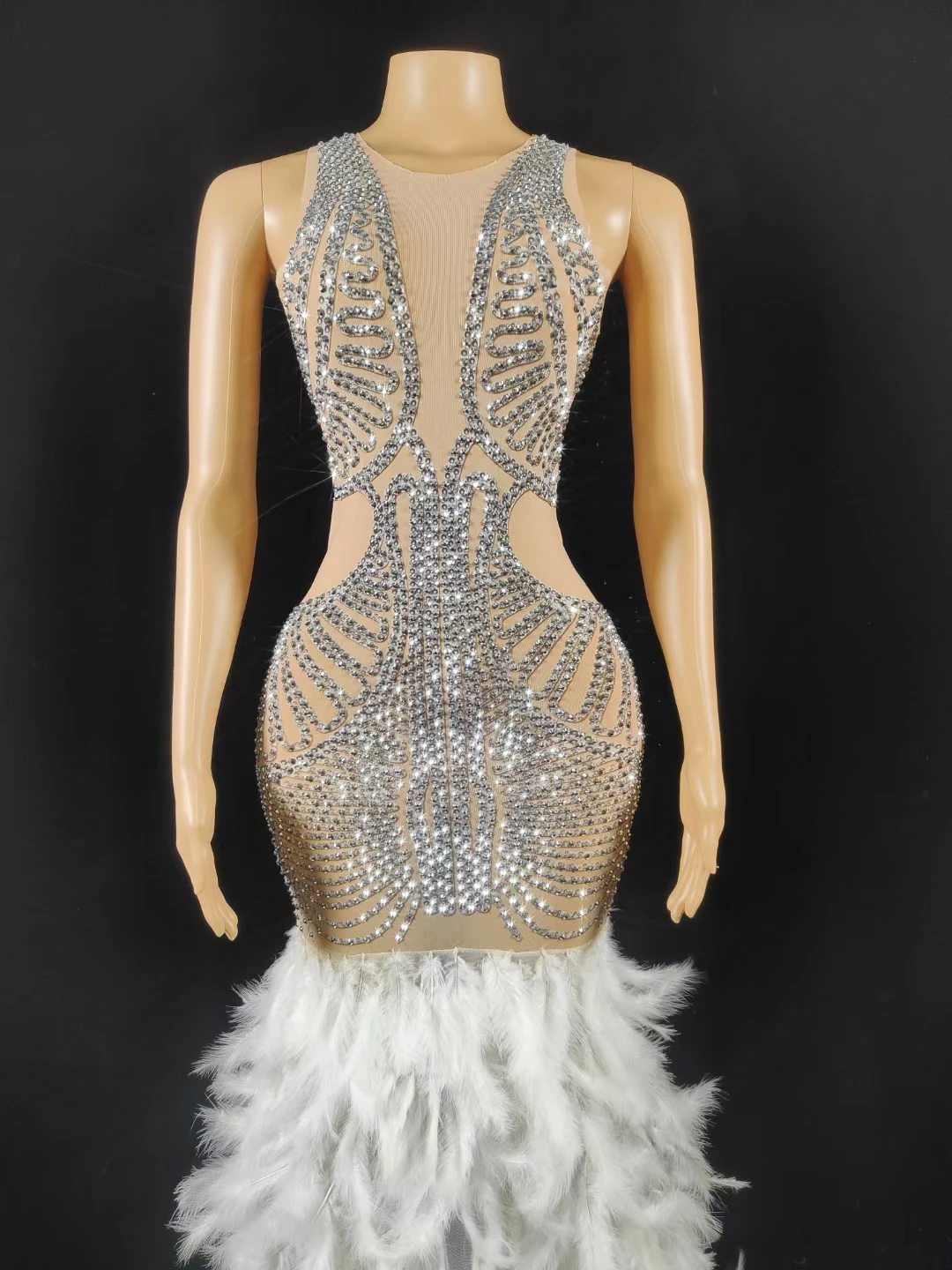 Luxurious Sparkly Beaded Crystals Long Dress Cocktail Birthday Party Gowns Feather Floor Length Dress Sexy Girl Long Prom Dress