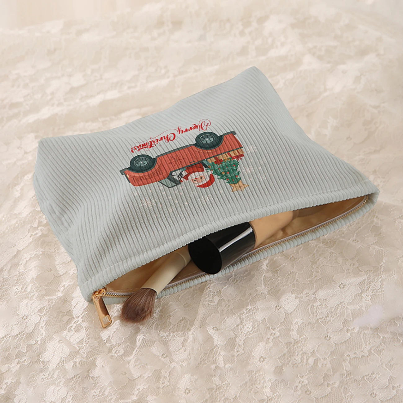 1 Christmas themed corduroy makeup bag, lightweight zipper makeup storage box, multifunctional bag with lining