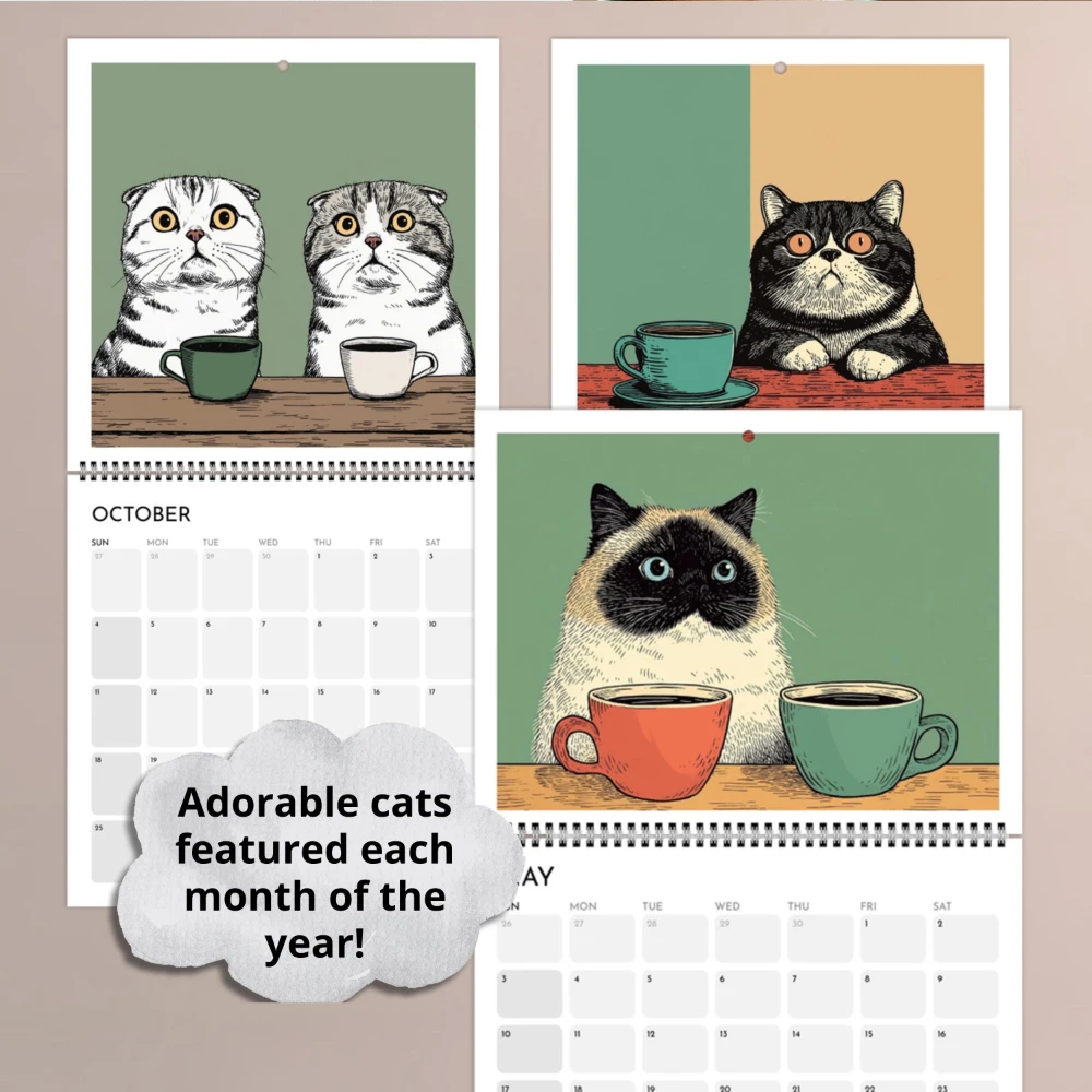 Calendario da Parete 2027: Illustrazione di Gatti Divertenti e Rilassanti con Tema Caffè, Calendario Mensile Personalizzato per 12 Mesi - immagine 6