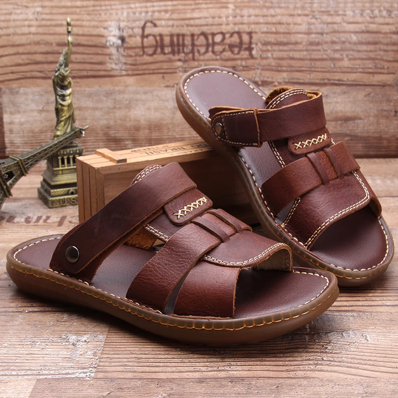 

Genuine Leather Breathable All-match Natural Rubber Soft Bottom Non-slip Slippers Casual Outdoor Designer Beach Men's Sandals