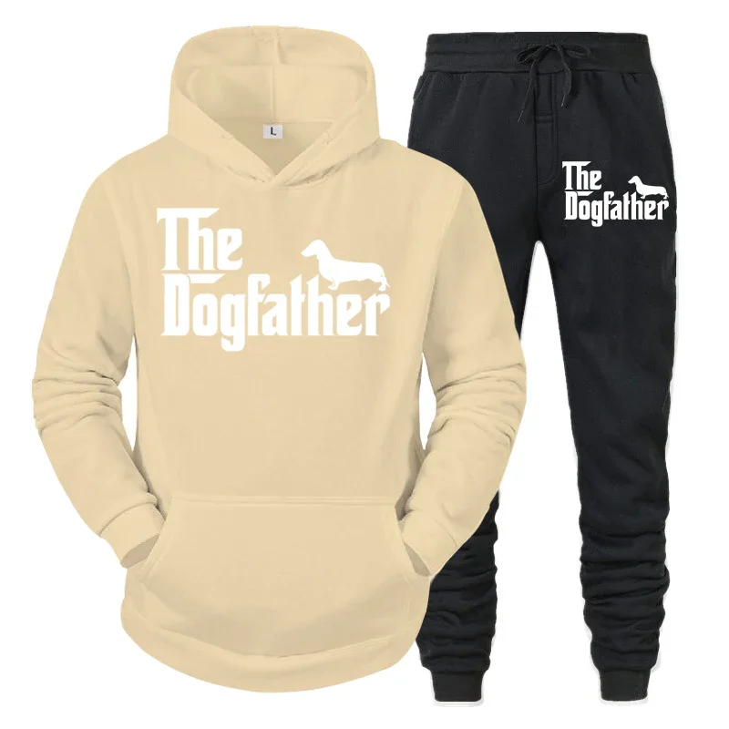 thumbnail image 1 of Conjunto de dos piezas "El Dogfather" Divertido chándal casual para amantes de los perros salchichas para hombre Otoño Conjunto de ropa deportiva holgada con capucha estilo hip hop con animales, 1 of 5