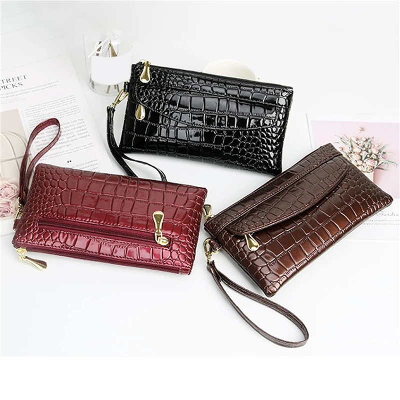 Patent Leather Women's Wallets Fallow Long Ladies Double Zipper Wallet Clutch Bag Design Red Purse Crocodile Purses