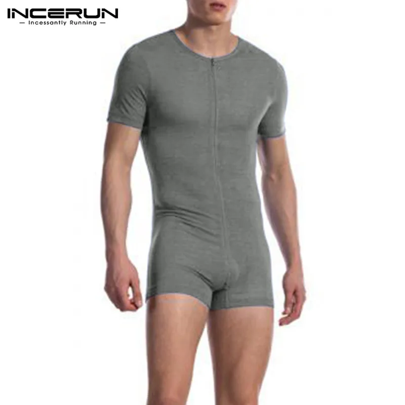 Men Bodysuits INCERUN Men Pajamas Rompers Solid Short Sleeve V Neck Zipper Cozy Sleepwear Playsuits Fitness Leisure Men Jumpsuit Homewear