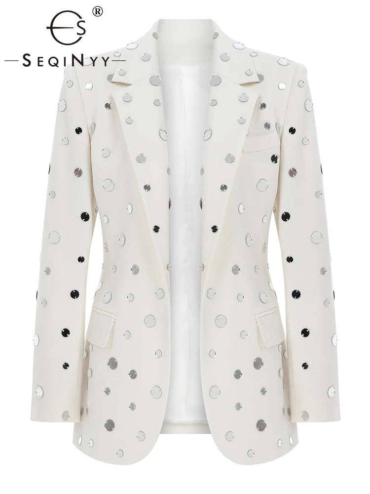 

SEQINYY White Blazer Spring Autumn New Fashion Design Women Runway High Street Silver Sequined Office Lady Elegant