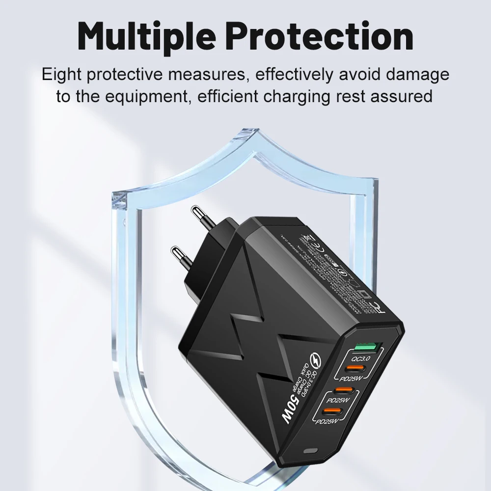 Total 100W 4Ports Charger USB Quick Charging 3.0 Mobile Phone Wall Adapter For iPhone Samsung Xiaomi Huawei Fast Charge