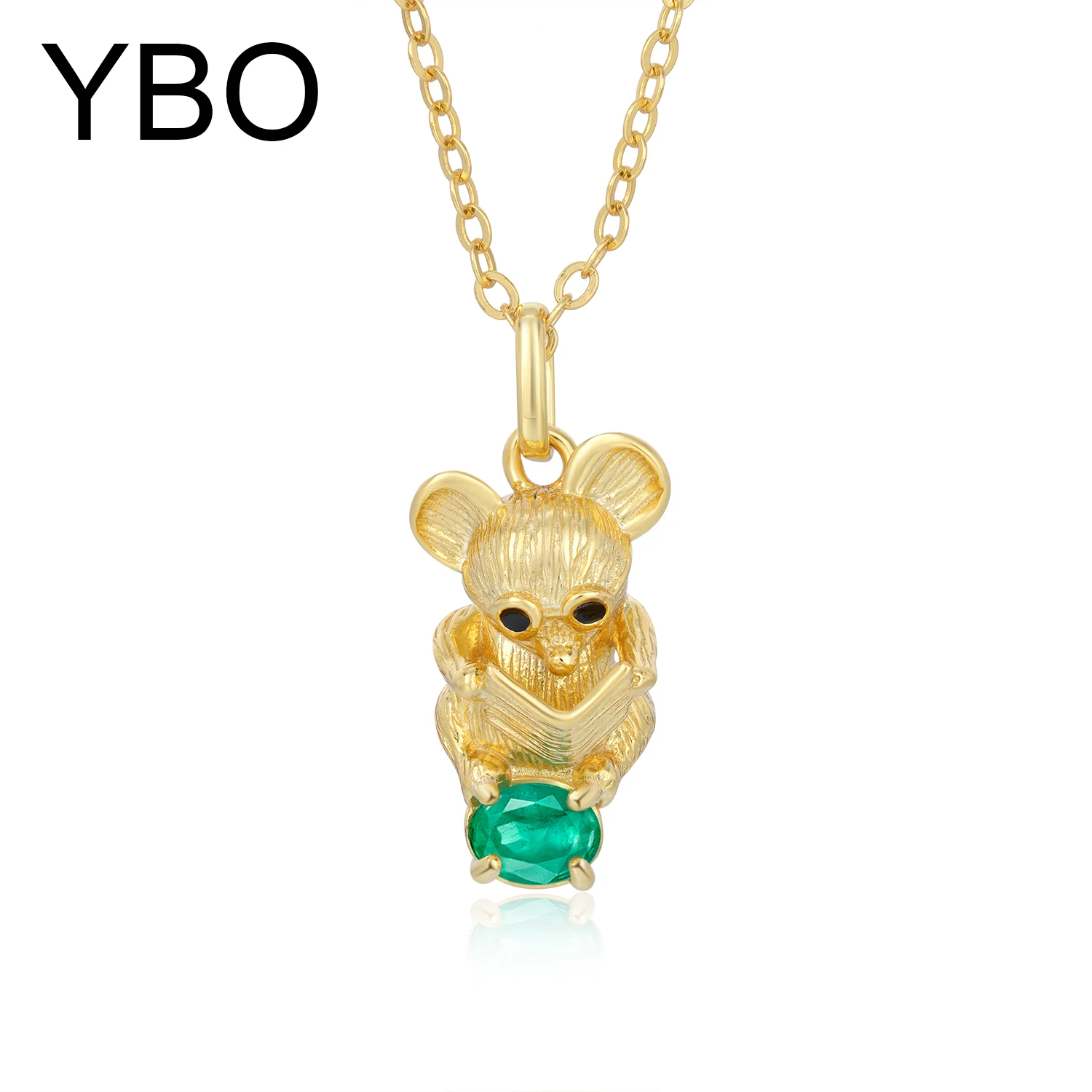 

YBO Cute Mouse Reading Pendants Women 18K Gold Plated 925 Sterling Silver Necklaces Luxury Natural Emerald Inlay Clavicle Chains