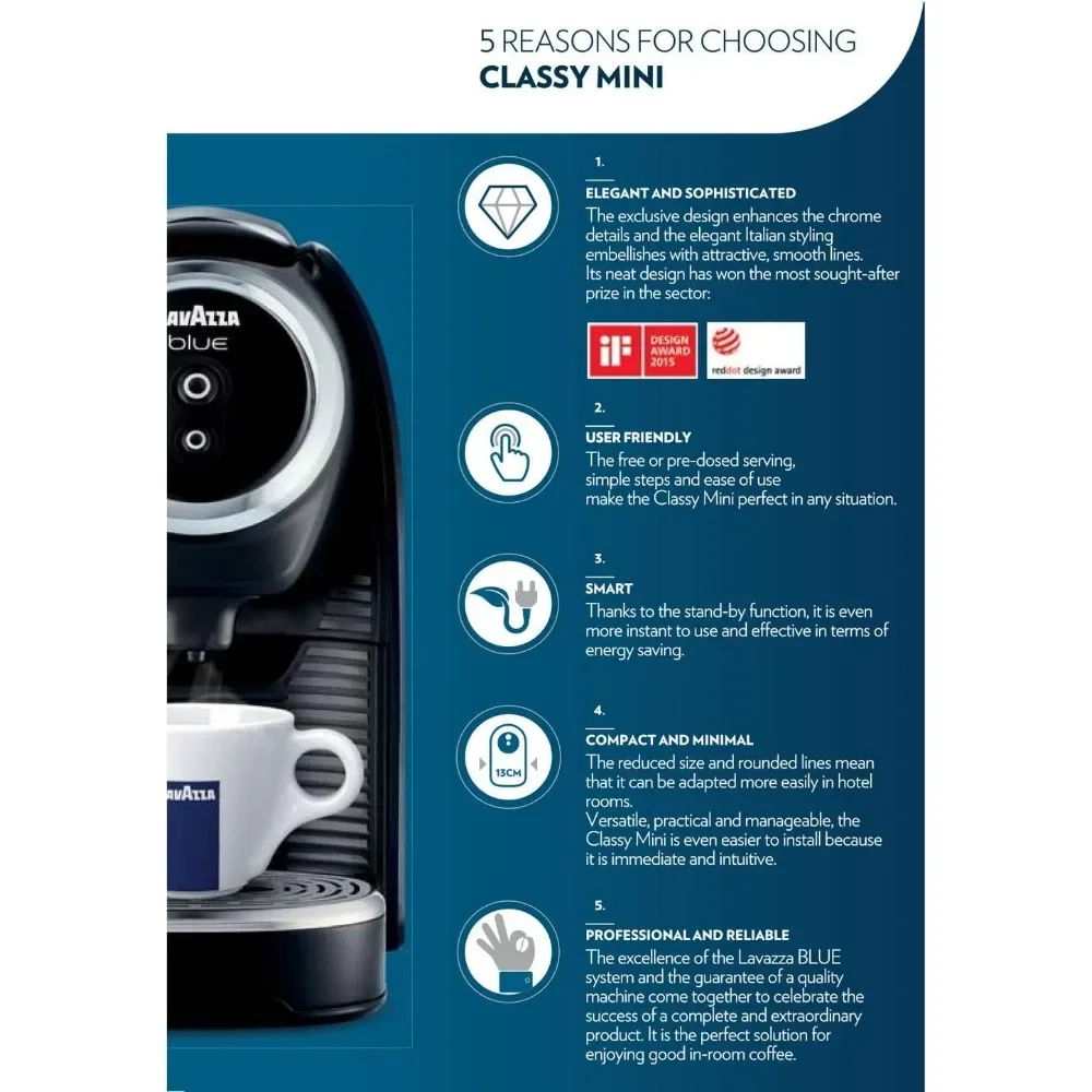 Mini Single Serve Espresso Coffee Machine, 5.3" x 13" x 10.2" 2 Coffee selections: simple touch controls, programmable free dose