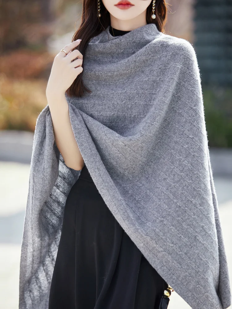 Women Cashmere Wrap Shawl Cardigan Autumn Winter Grace Basic 100% Merino Wool Knitwear Cable Knitting Cashmere Sweater Tops 2
