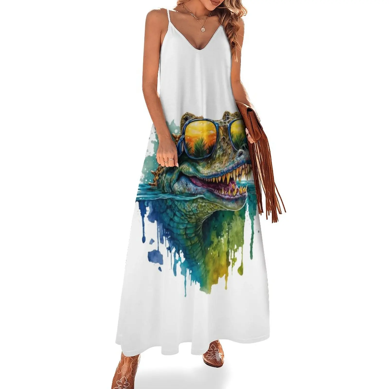 

New Gator in Style Watercolor Alligator with Sunglasses Sleeveless Dress dress Dresses Elegant gowns