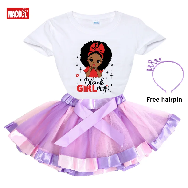 

2022 Girls Dress Sets Party Casual Dress Black Princess Girl Short Sleeve Printed T-shirt+Skirt+Hairpin Christmas Present