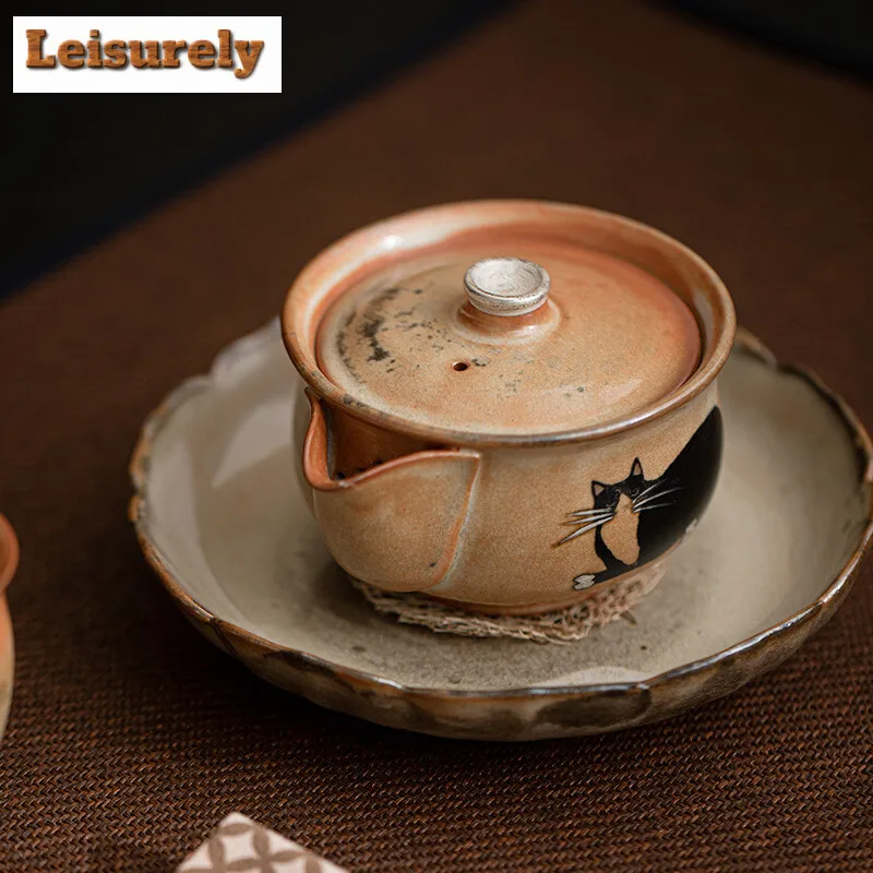 150ml Japanese Zhino Cat Hand Grasping Teapot Handmade Silver Treasure Bottle Pot Kiln Change Wood-fired Porcelain Kettle Teaset