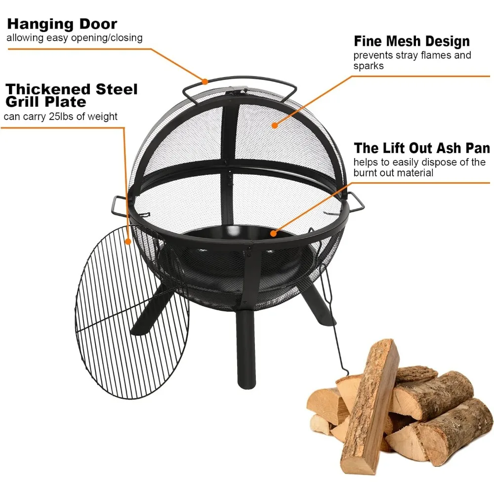 Ball of Fire Pit 35" Outdoor fire with BBQ Grill Globe Large Round Pit,Patio Fireplace for Camping, Heating, Bonfire and P