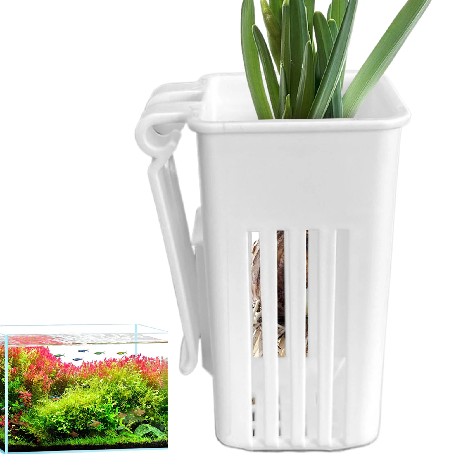 Bewudy Supporto per piante acquatiche per acquario con bordo, porta piante acquatiche da appendere, vaso per piante acquatiche in plastica con 5 fori per piante emerse, decorazioni per acquari (senza