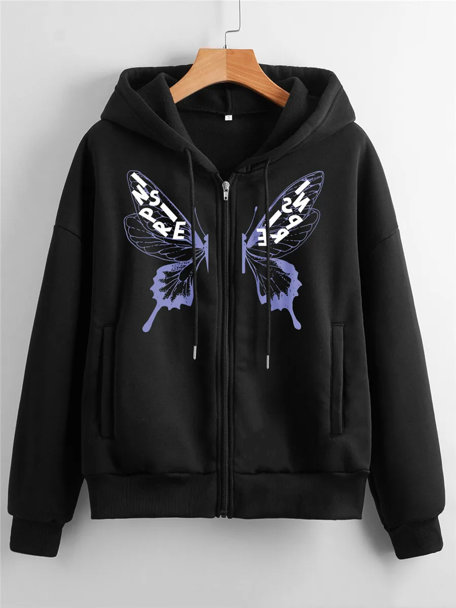 

Butterfly Print Zip Up Hoodie Y2K Trashy Women Fall Casual Hooded Loose Oversized Sweatshirts with 2 Pockets Long Sleeve Coat