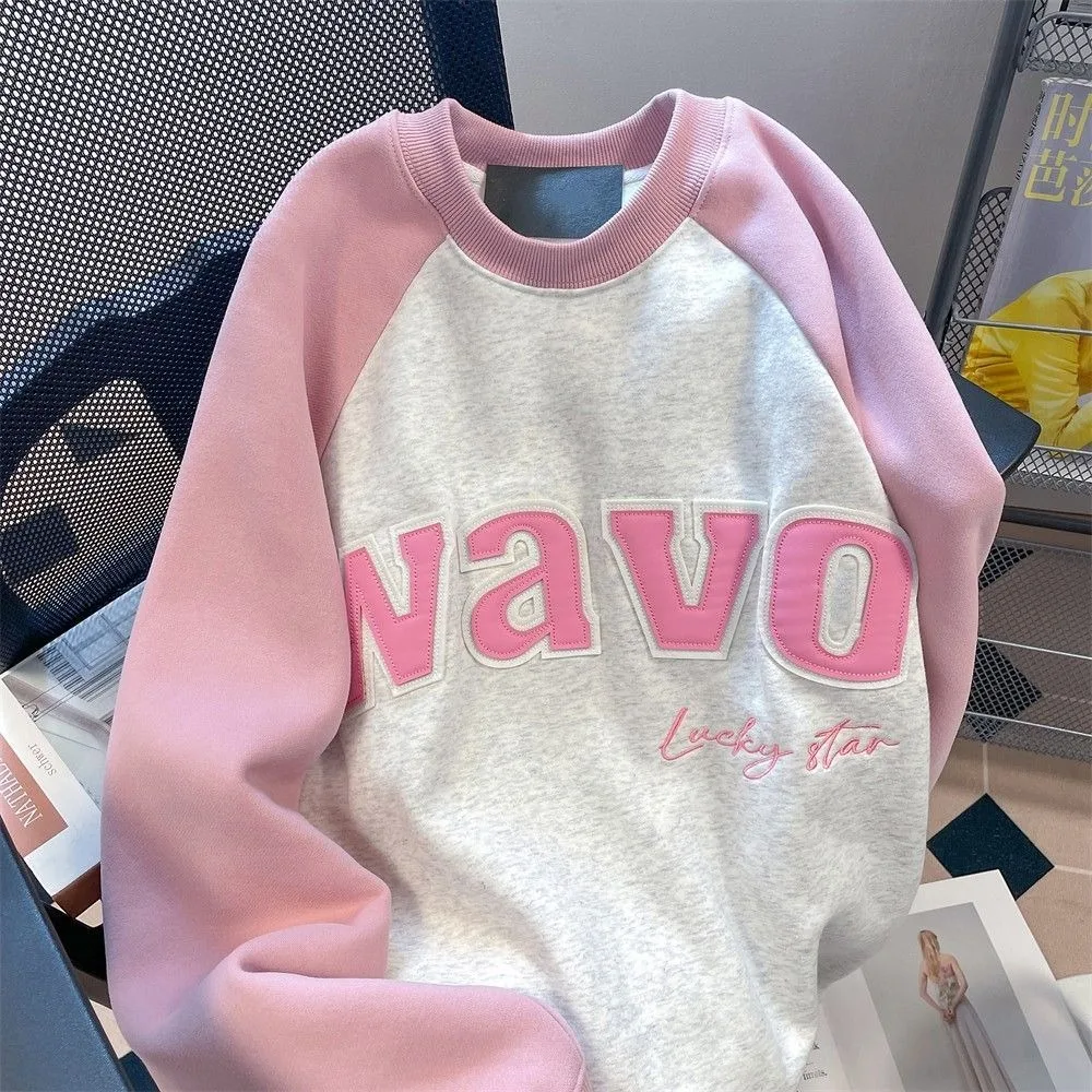 

Contrast Pink Raglan Sleeve High Quality Embroidery Sweatshirt Women Oversized Korean Fashion Winter Harajuku Streetwear Hoodies