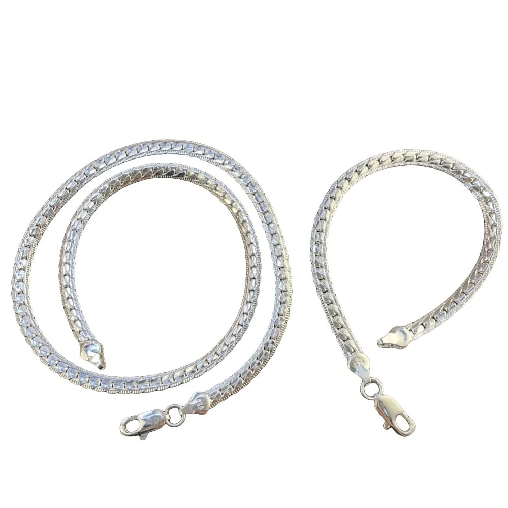 925A  사이드 체인 목걸이와 팔찌 세트, 유니섹스 펜던트가 특징으로, 웨딩 주얼리로 이상적입니다.