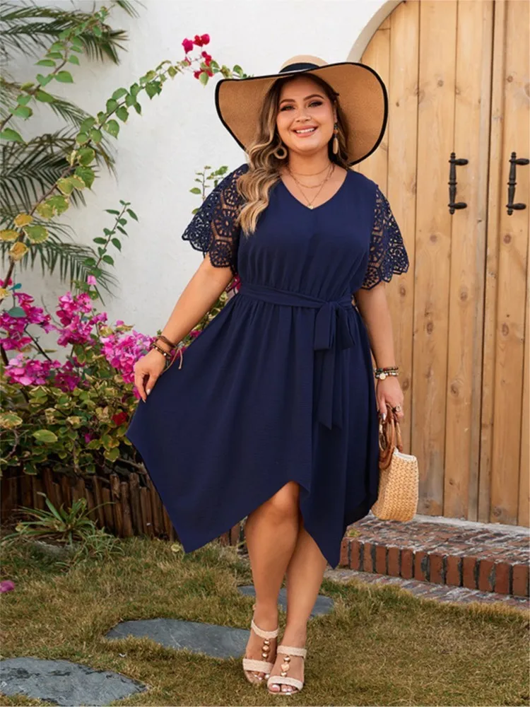 Plus Size Sumemr Irregular Midi Dress Women Hollow Out Patchwork Short Sleeve Fashion Ladies Dresses Loose Pleated Woman Dress