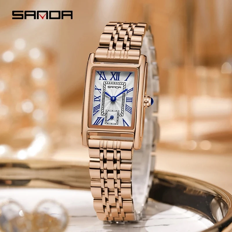 SANDA 1116 Quartz Watch Women Elegant Design Watches Rectangle Dial Waterproof Steel Leather Business Ladies Wristwatches Gift 4