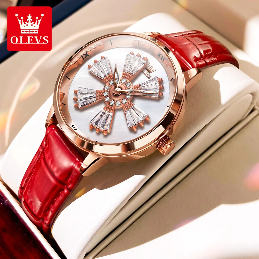 OLEVS Women Fashion Crystal Dial Can Be Rotated Quartz Watches for Ladies Bracelet Casual Leather Sports Watch Relógio Feminino