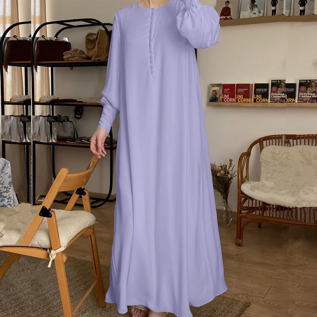 Eid Mubarak Dubai Muslim Women's Dress Chiffon Long Sleeve Modest Button Islamic Abaya for Lady Moroccan Kaftan Turkey Clothes