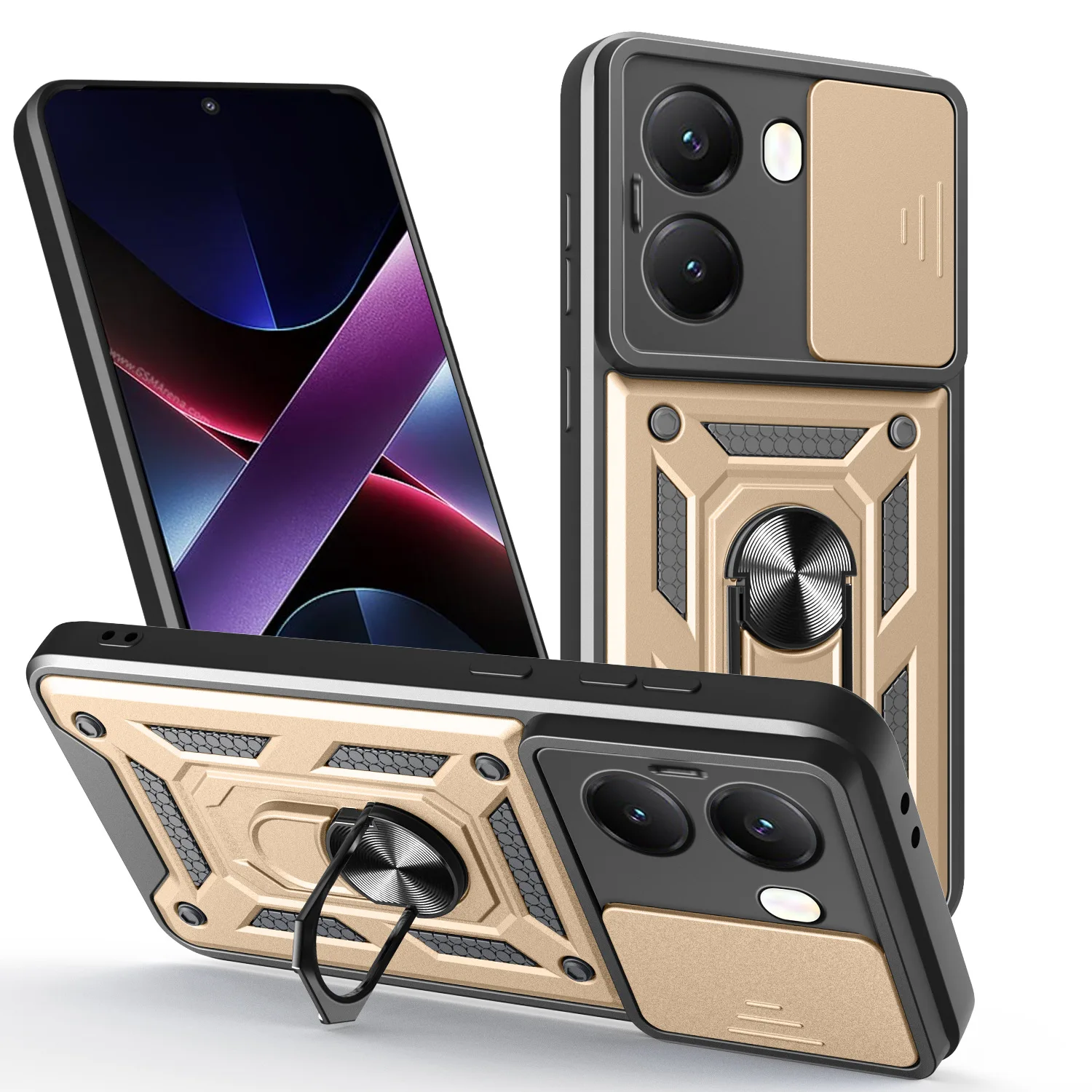 Armor Slide Camera Lens Protection Case with Ring Stand and Shockproof Design