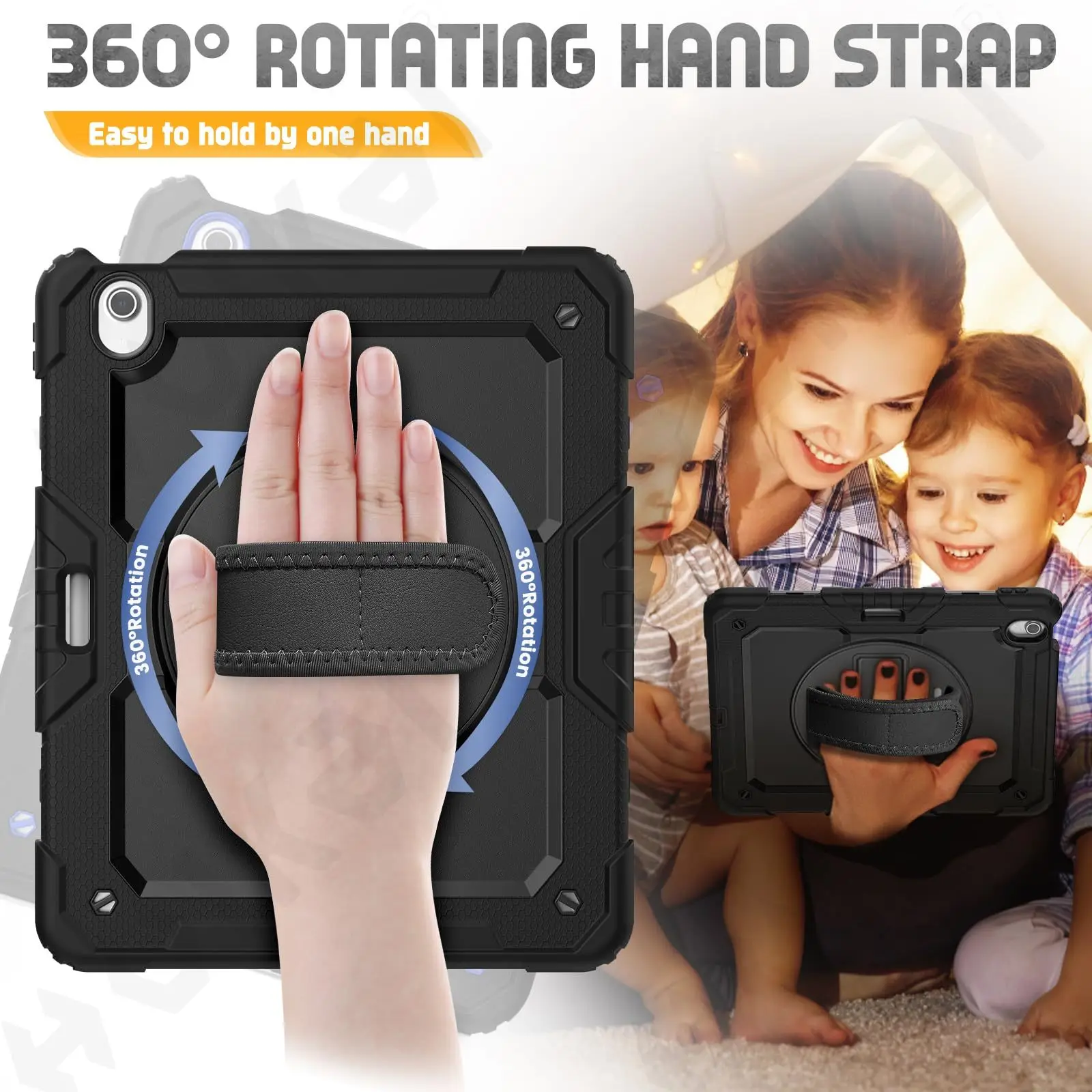 Heavy Duty Rotating Shockproof Tablet Case with Stand & Hand/Shoulder Strap - Black