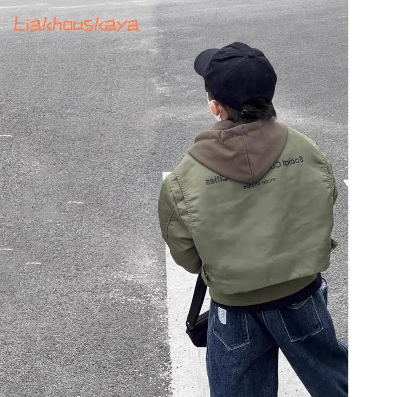 2025년 신상 남아 겨울 자켓 두꺼운 면 패딩 후드 야구 코트 페이크 투피스 용 따뜻한 아동복  남아 상의