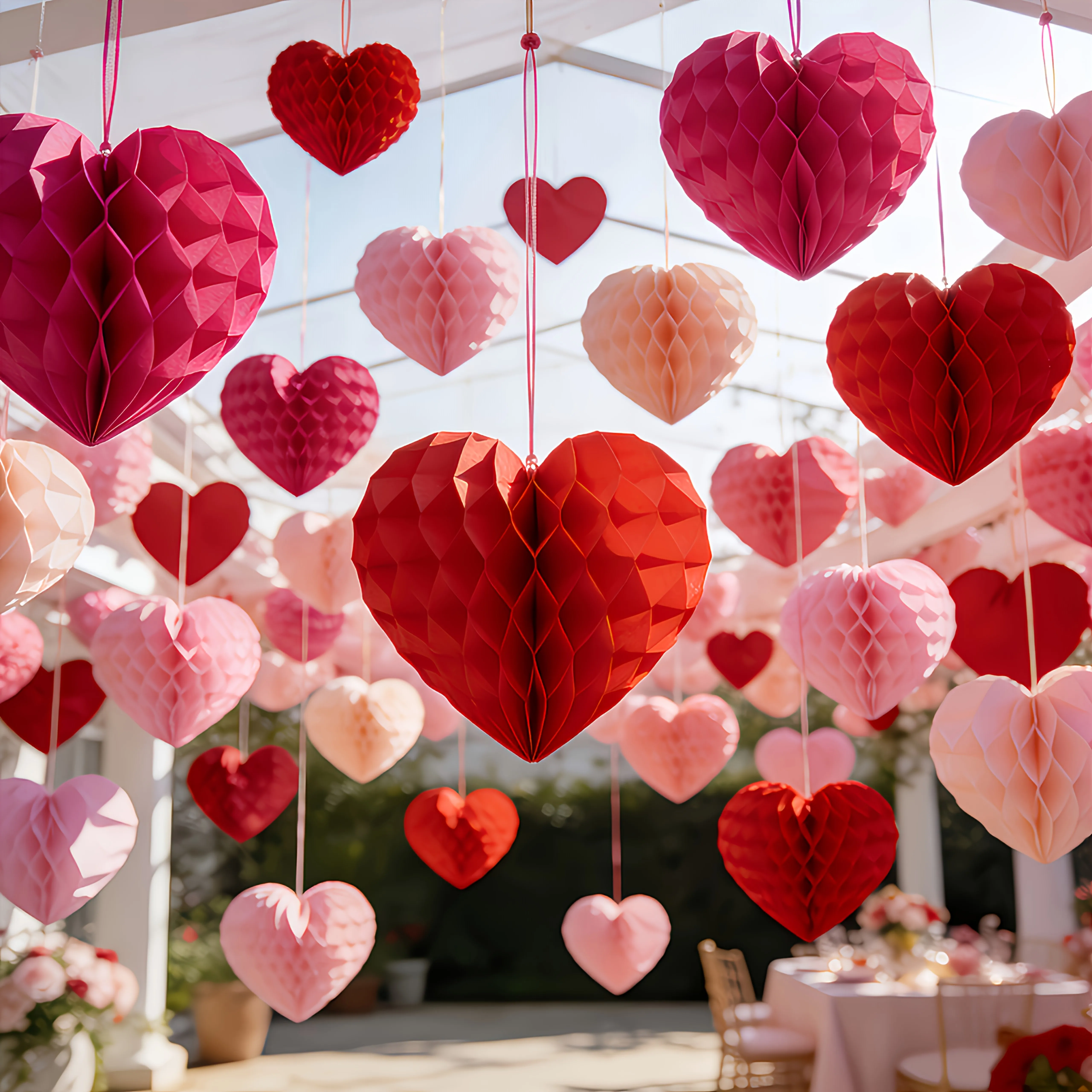 12er-Pack Rote und Rosa Party-Dekorationen Pompon-Herz aus Seidenpapier Wabenball für Valentinstag Hochzeit Verlobung Heiratsantrag