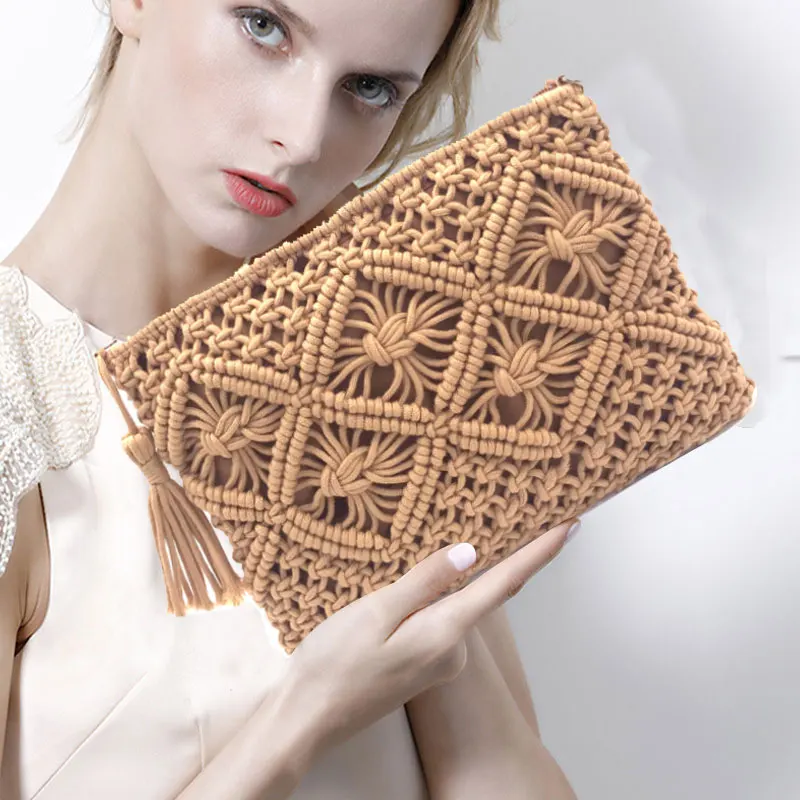 Abuyall Women Vintage Crochet Clutch Zipper Purse Woven Beach Envelope Straw Boho Summer Tassel Bag Hollow Out Wristlet Wallet