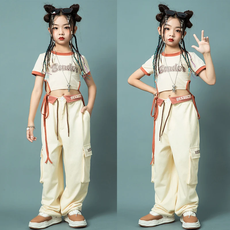 

Summer Short Sleeves T Shirt Cargo Pants For Girls Jazz Dance Costumes Kids Hip Hop Clothing Kpop Outfit Street Wear SL8554