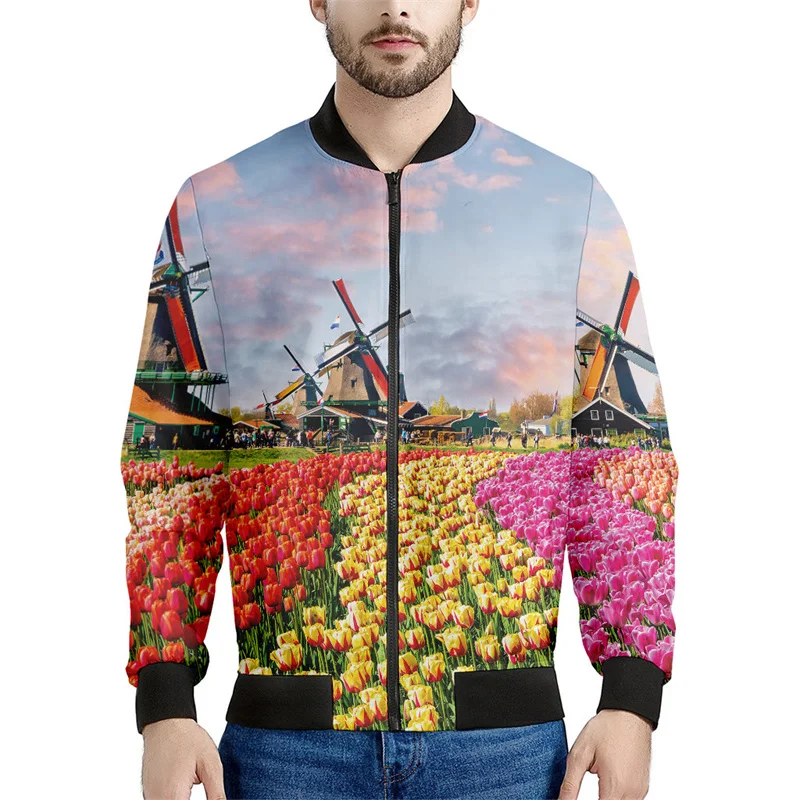 thumbnail image 1 of Chaqueta con cremallera con estampado 3D de flores de tulipán de los Países Bajos para hombre y mujer, sudadera con estampado floral, camisetas de manga larga geniales, chaquetas bomber de calle, 1 of 5