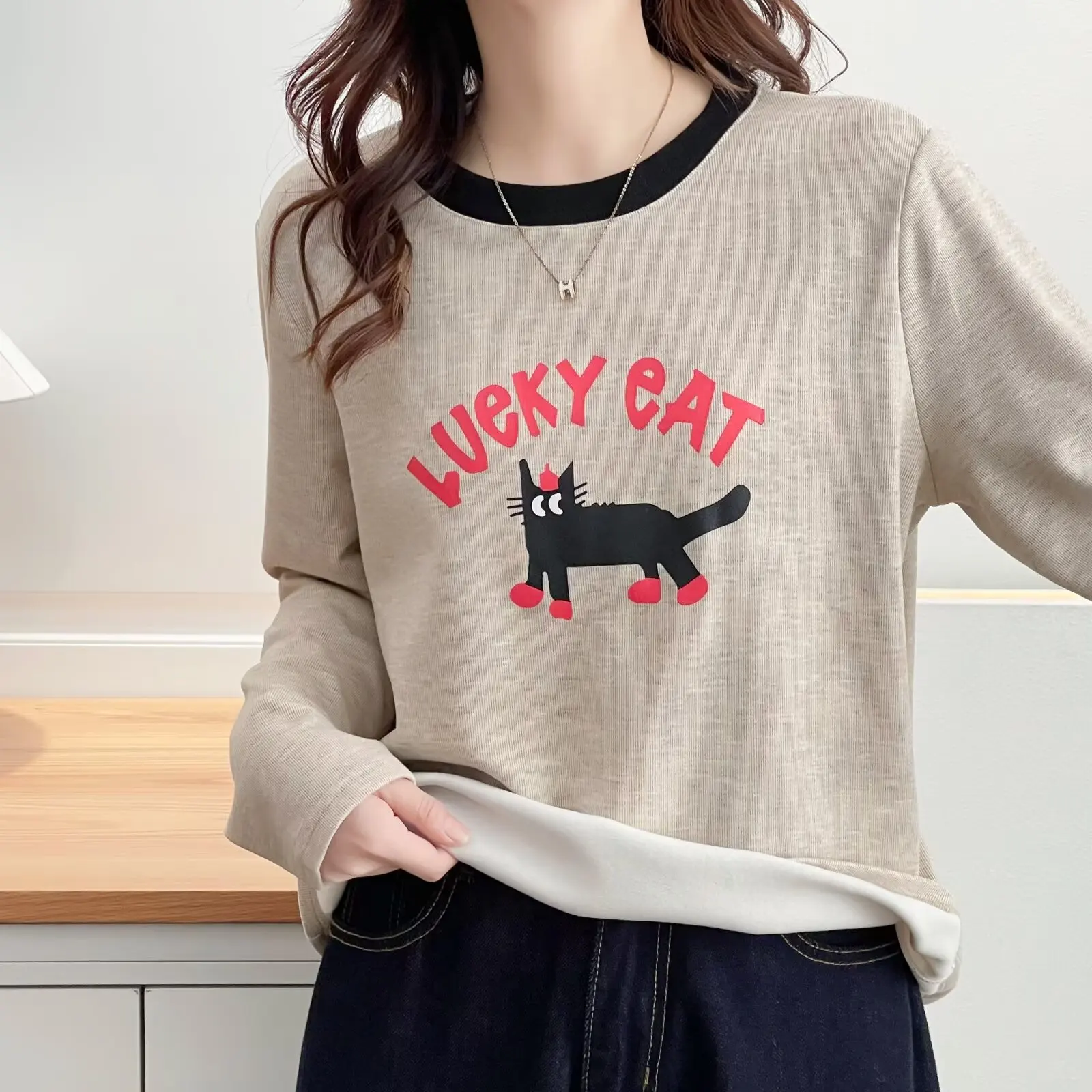 XXXXL Fashion Plus Size Women's T-Shirt 2025 Autumn Winter New Style Youthful Color Block Printed Cartoon Fleece Warm Base Tops