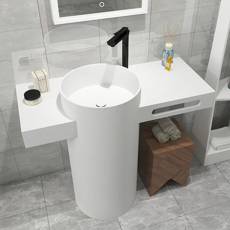 

White Marble Bathroom Wash Basin with Shelf Artificial Solid Surface Floor Pedestal Basin Sink Hotel Hot Selling