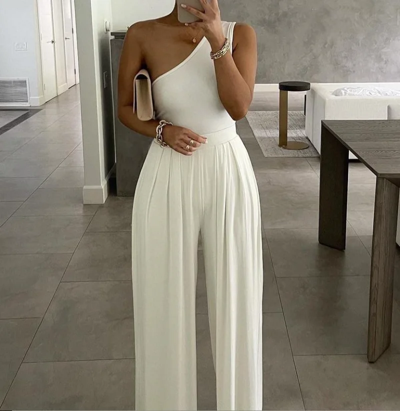 

Jumpsuits for Women Streetwear Sexy One Shoulder Sleeveless Wide Leg Long Pants Rompers Elegant White Women's Jump Suit Clothing