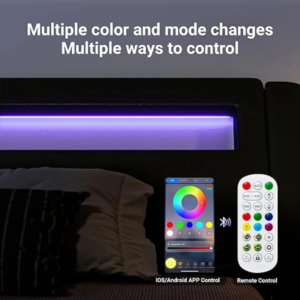 LED Platform Bed Frame with Adjustable Headboard/No Box Spring Need/Easy Assembly/Faux Leather
