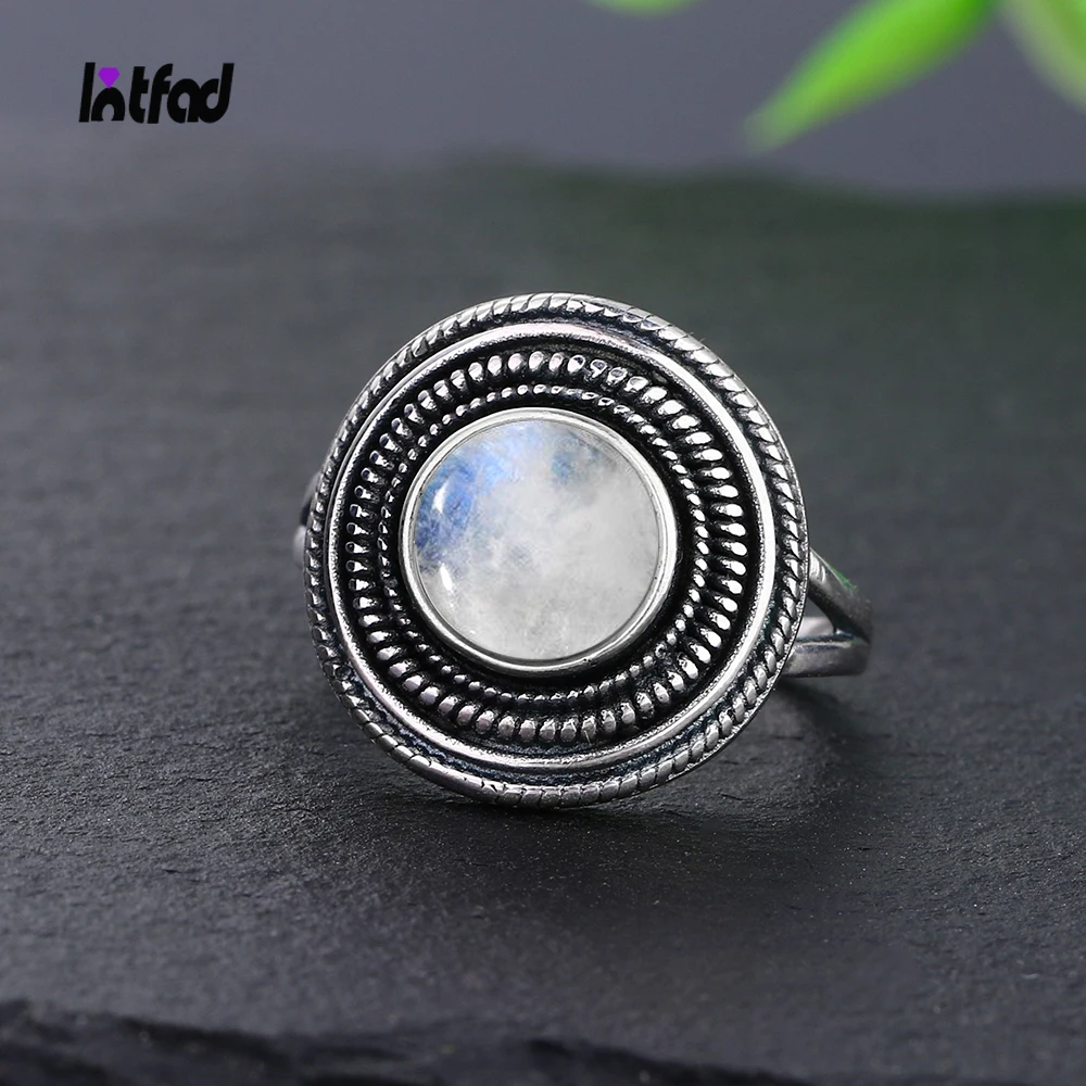 Women's 8MM Round Natural Moonstones S925 Sterling Silver Ring Vintage Style silver rings silver ring