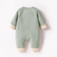 Baby Newborn Boys Spring/Autumn Long Sleeve With Button Green Solid Waffle Casual Jumpsuit 2