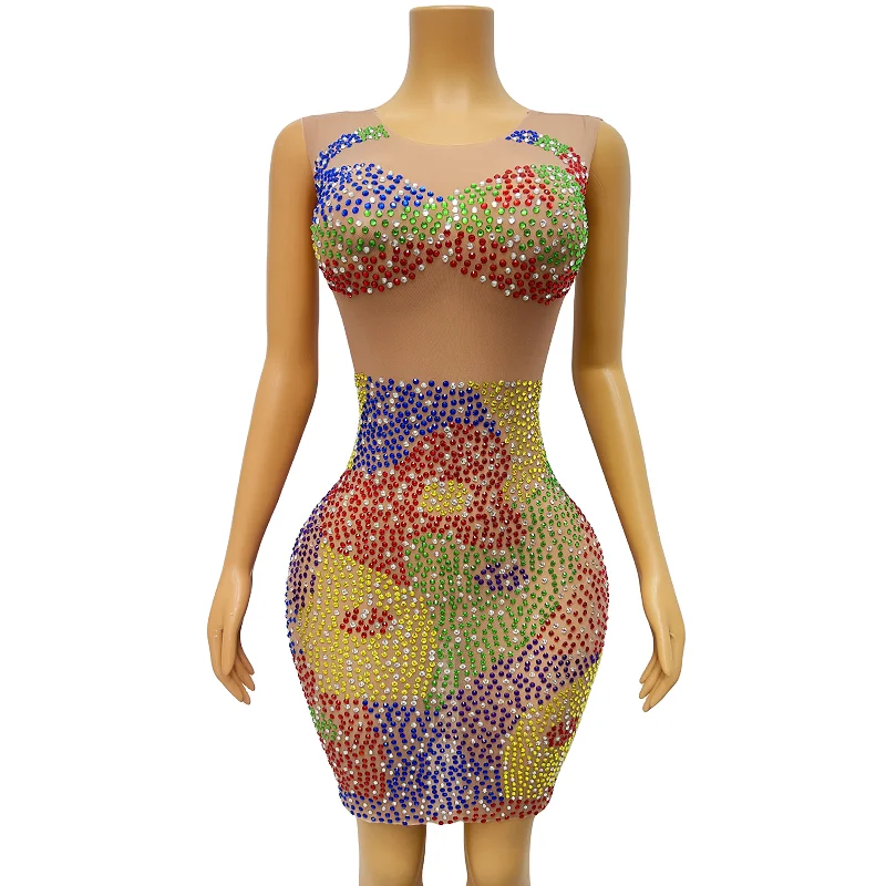 

Crystals Sleeveless Summer Dress Colorful Rhinestones Transparent Dance Evening Mesh Costume Prom Party Birthday outfit