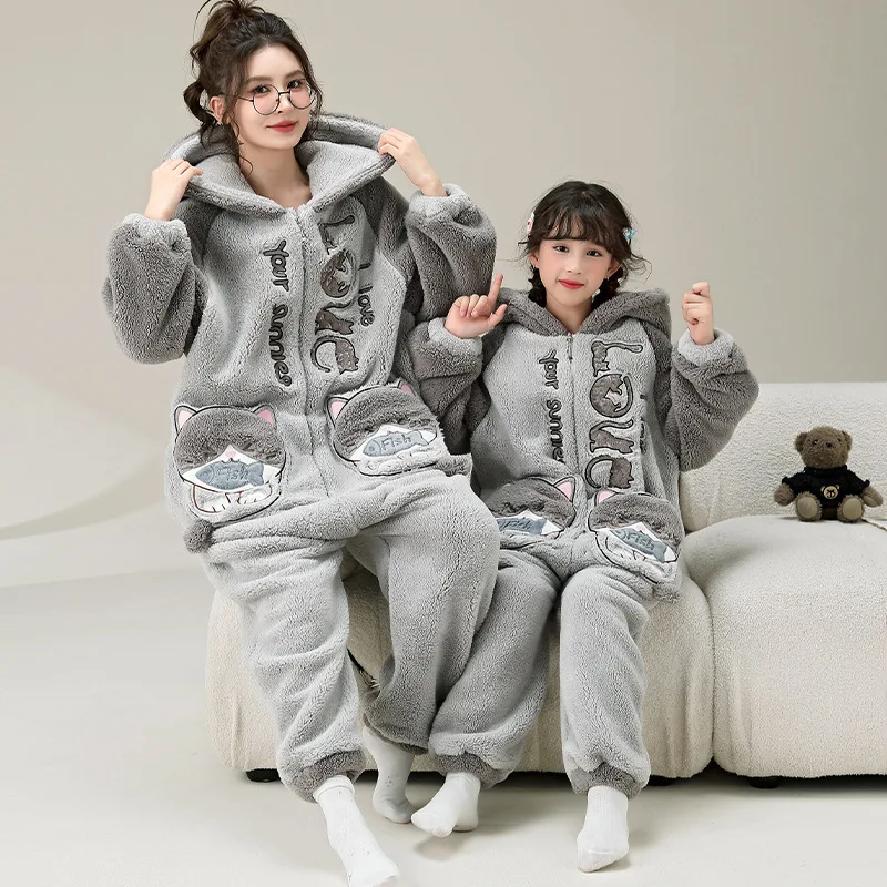 Parent-Child Outfit Pijamas Jumpsuits Kawaii Cartoon Panda Cat Women Men Sleepwear Hoodies Winter Thicken Pajamas Onesie Pyjamas