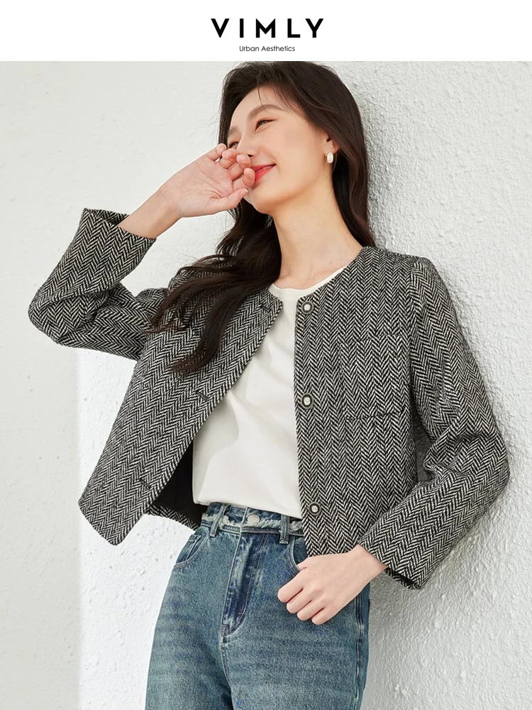 Vimly Sequins Tweed Cropped Jacket Women 2023 Straight O-neck Long Sleeve Elegant Spring Short Coat Office Ladies Clothing V7600 vimly elegant straight belt shirt dress for women 2023 spring office ladies cotton polo neck slim long sleeve mini dresses v8166